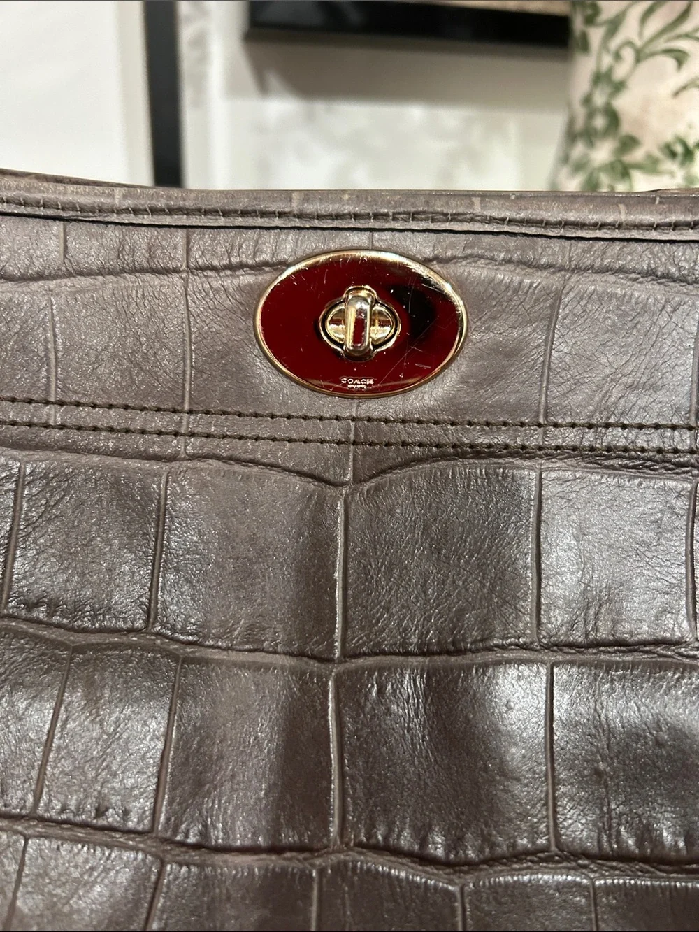 Coach Brown Croc-Embossed Leather Satchel with Gold Hardware